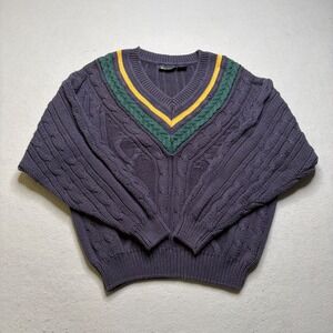 New River Sweater Womens L Purple‎ V-Neck Cable Knit Collegiate Stripe Vintage